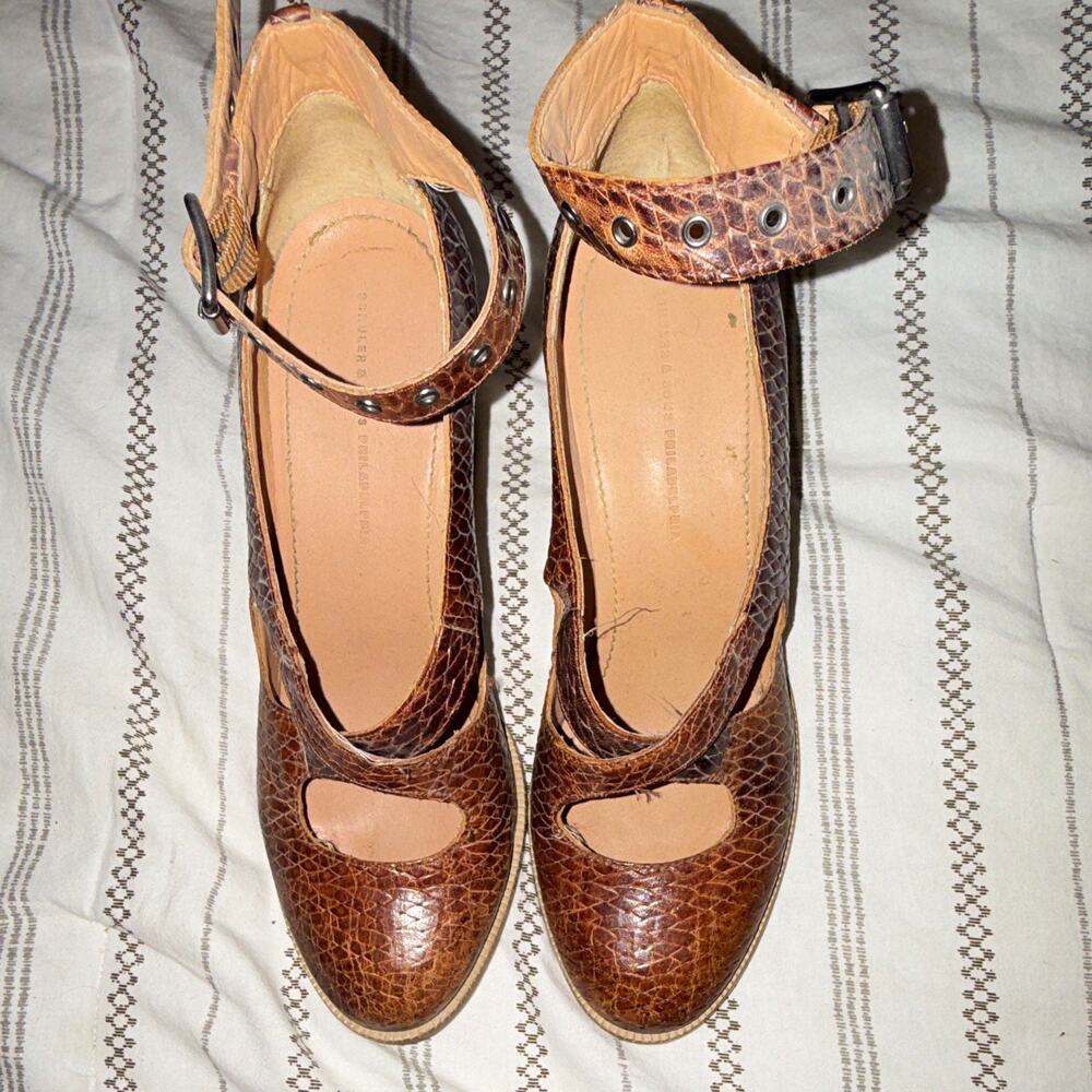 Anthropologie Schuler and Sons Brown Leather Mary Jane Ankle Buckle Snake 7.5
